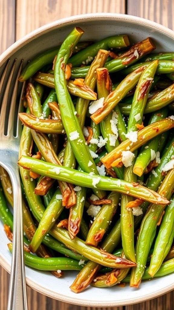Crispy Air Fryer Frozen Green Beans Recipe Crispy air-fried green beans garnished with Parmesan cheese on a rustic wooden table.